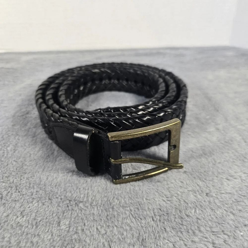 Mens Black Braided Leather Belt XL 42-44 Woven Dress Casual Brass Buckle